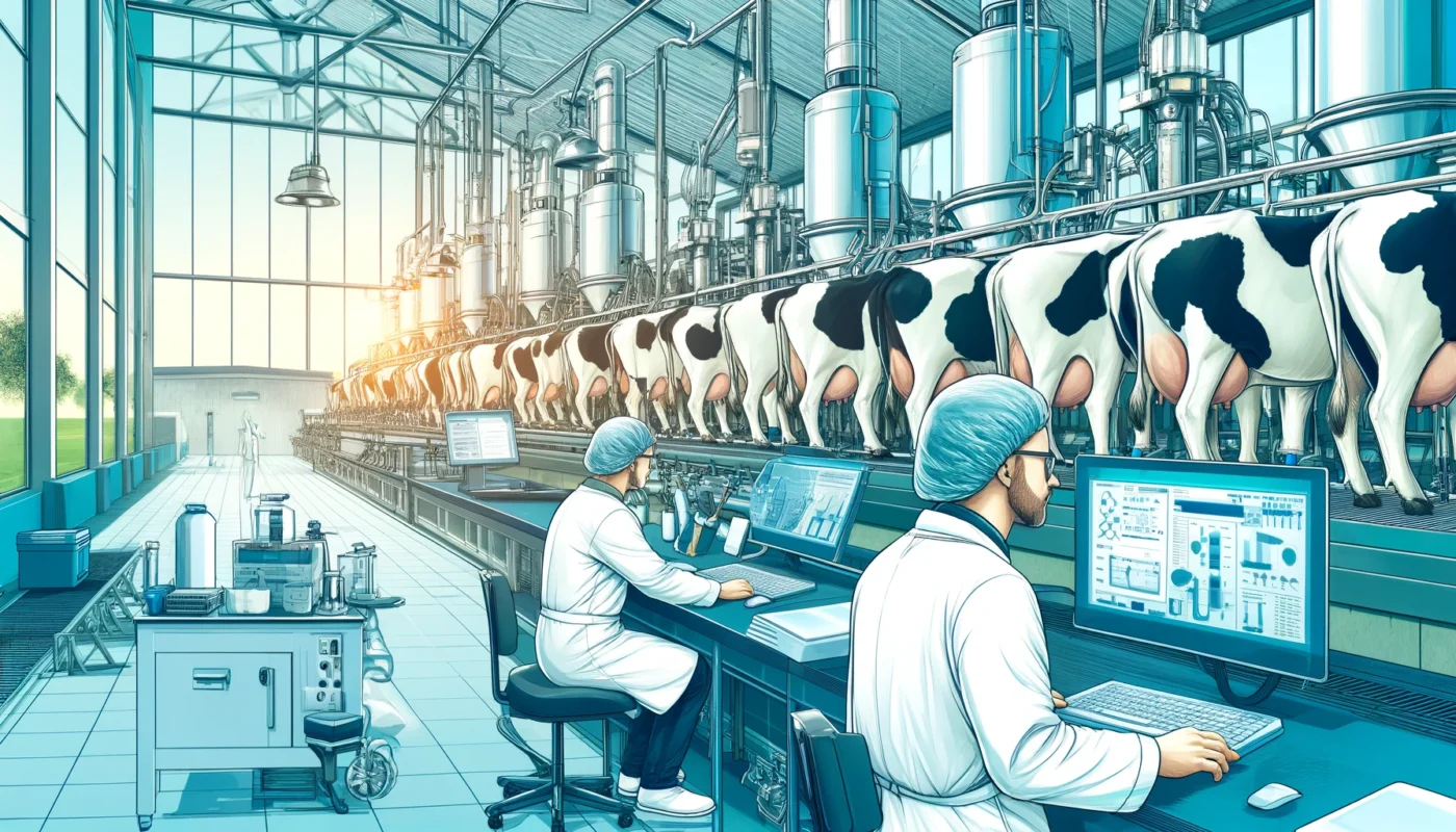 Dairy Farm Professionalism A vivid and detailed wide illustration depicting dairy farm professionalism. The scene shows a modern dairy farm with a focus on efficient, clean, and (1)