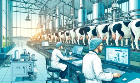 Dairy Farm Professionalism A vivid and detailed wide illustration depicting dairy farm professionalism. The scene shows a modern dairy farm with a focus on efficient, clean, and (1)